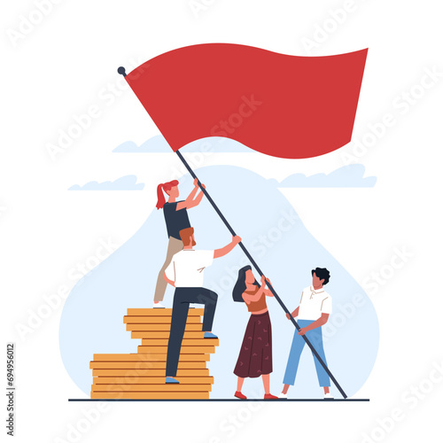 Teamwork, men and women raising red flag. Stack on golden coins. Business team. Success strategy, cooperation and collaboration. Professional challenge. Cartoon isolated vector concept
