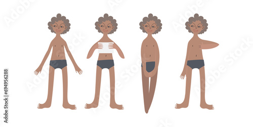 Four tanned European boys in swimsuits. Calm standing poses: thumbs up, piece of paper in hands. Tanned skin and blond hair. Vector illustration in flat style