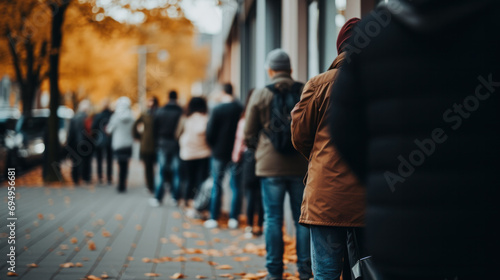 European people queue on street outside.