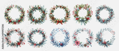 Christmas wreath with winter floral elements. Merry Christmas wreath with text. Christmas decoration wreath frame.