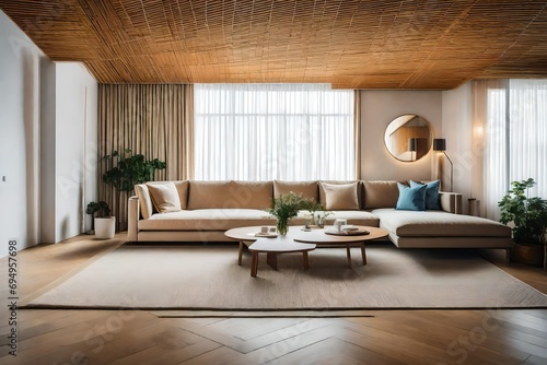 A room that finds beauty in simplicity  with a beige sofa  a tatami mat  and minimalist wall art. 