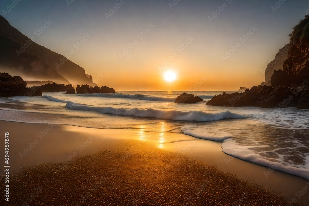 secluded beach at sunrise, where the golden rays kiss the tranquil waves beach sunset sea ocean sky sunrise water sun sand coast nature landscape wave waves clouds.