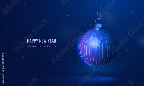 Christmas ball toy in technological style. Futuristic cyber Happy New Year greeting card. Winter holiday background