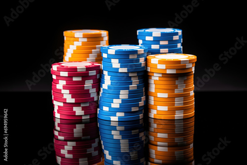 Casino poker chips on black reflective table. Generative AI photo