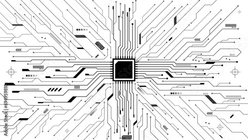 Black circuit diagram on white background. High-tech circuit board connection system.Central Computer Processors CPU concept. technology on white background.