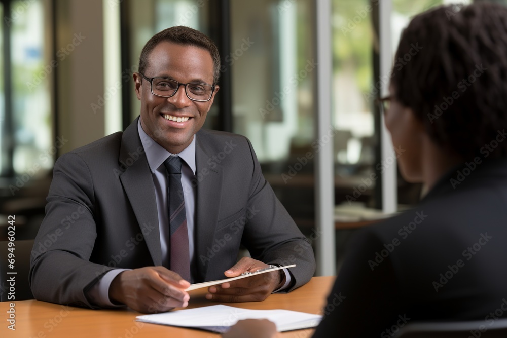 Step into the world of Human Resources as this captivating photo showcases a Human Resources Analyst conducting a job interview. With attentive listening and note-taking Step into the world of Human Resources as this captivating photo showcases a Human Resources Analyst conducting a job interview. With attentive listening and note-taking