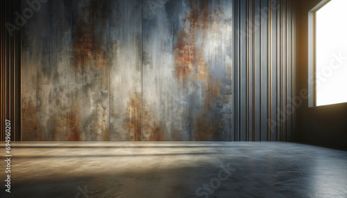 Empty Modern Room with Concrete Walls and Sunlit Background photo