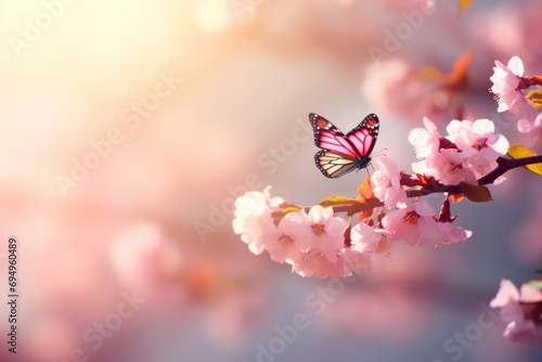 Beautiful pink flowers on a fresh spring morning with nature and fluttering butterflies © venusvi