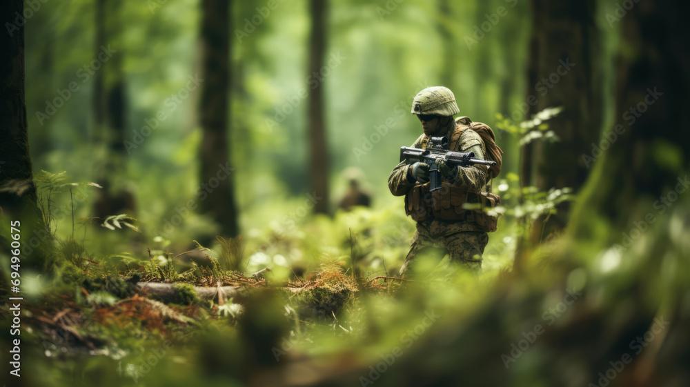 Soldier with camouflage and weapon in the green forest background.