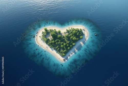 Heart-shaped island in the ocean. Top view.