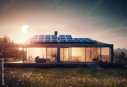 Innovazione Domestica- Design Futuristico con Pannelli Solari per un Concetto di Energia Sostenibile, Home Innovation- Futuristic Design with Solar Panels for a Sustainable Energy Concept photo