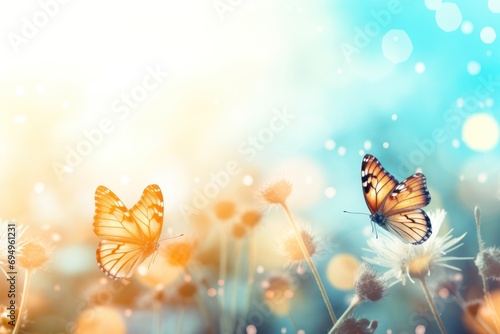 Natural pastel watercolor background Morpho butterfly and dandelion sunrise background Soft focus © venusvi