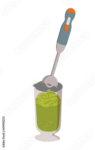 Green smoothie whipped with blender. Making a healthy detoxifying green smoothie. Immersion blender.
