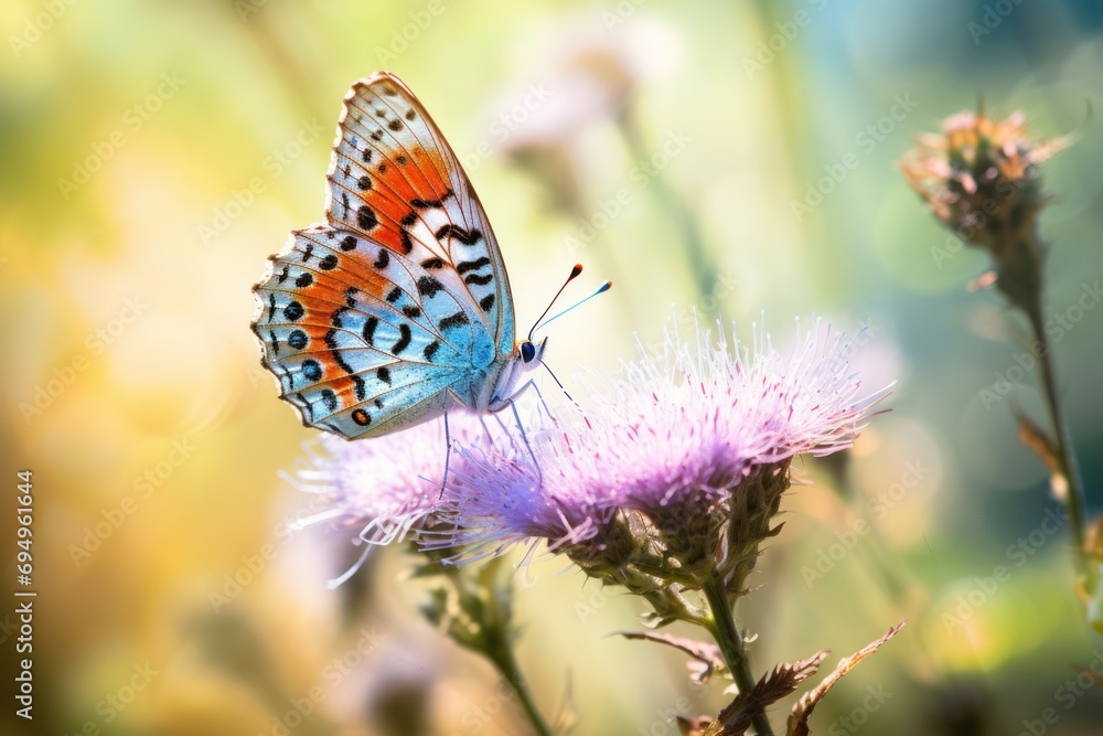Obraz premium butterfly on a flower stem on a bright morning in the garden.