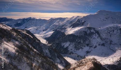 winter sunset over caucasus mountains