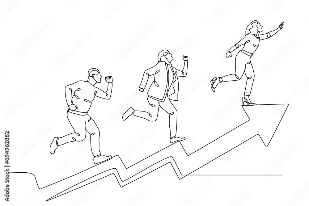 Businesspeople run after business goals. Business goal one-line drawing