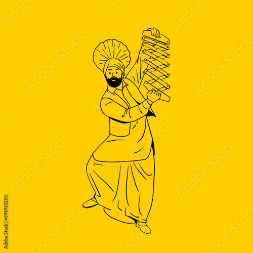 Indian Panjabi man celebrating Lohri festival, Baisakhi Festival, happy dancing woman outline vector illustration 