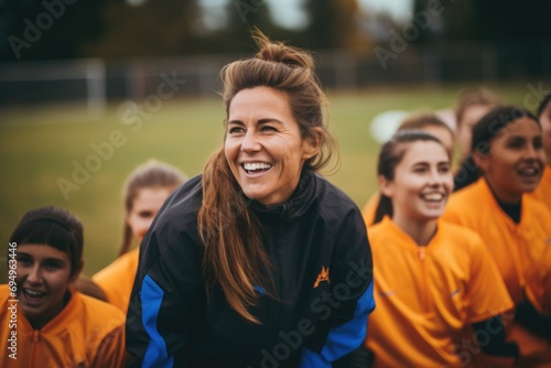 Portrait of a smiling female coach during practice with soccer team © Vorda Berge