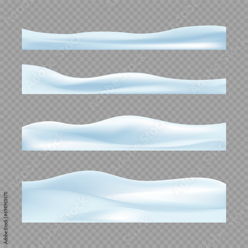 Realistic snowdrifts collection. Winter snowy abstract background. Frozen landscape with snow caps. Decoration for Christmas or New Year. Vector illustration