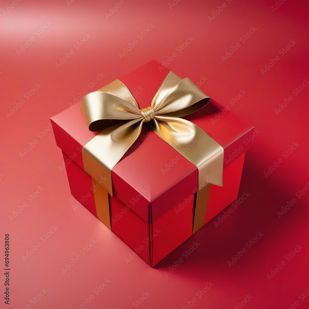 Fototapeta premium a red box with a gold bow on it gifts red color theme on a red background. ai generative