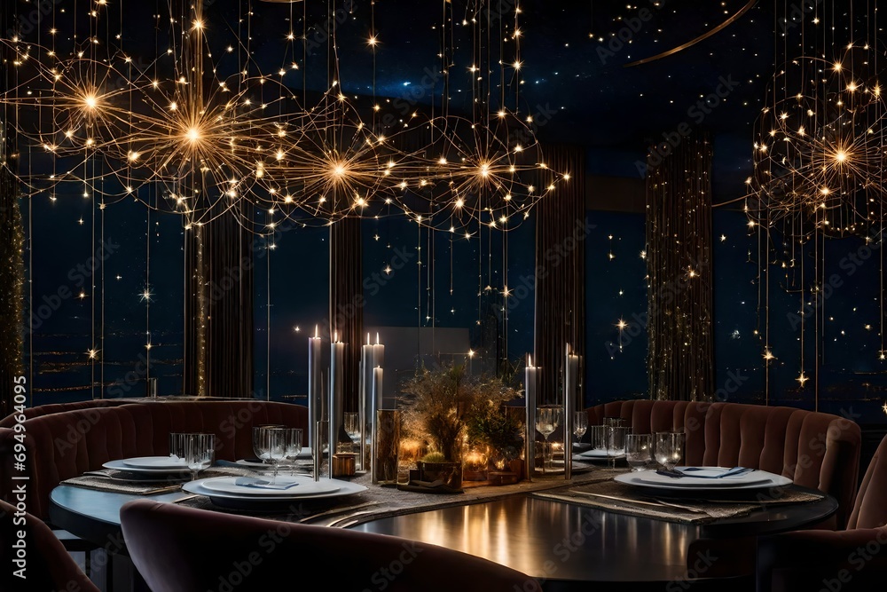A luxurious dining space adorned with celestial-themed decor, including a table featuring constellations and shimmering starlight. 