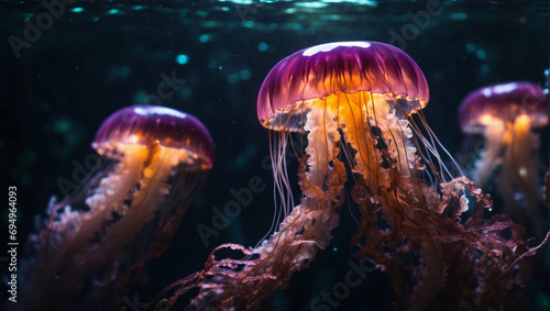 Glowing jellyfish swim in the big aquarium. Medusa neon jellyfish fantasy concept.