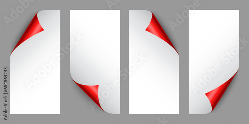 Set of red paper curls. Curled page corner with shadow. Blank sheet of paper. Colorful shiny foil. Design element for advertising and promotion. Vector illustration.