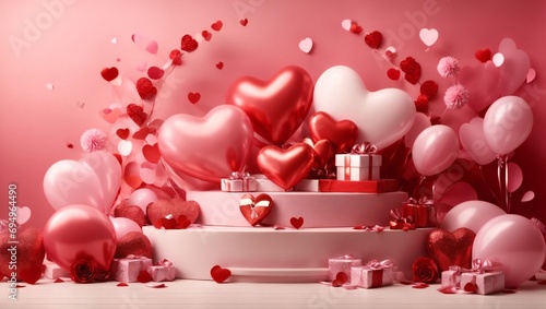 pink bank with ribbon Happy valentines day podium decoration with heart shape balloon, gift box, confetti 