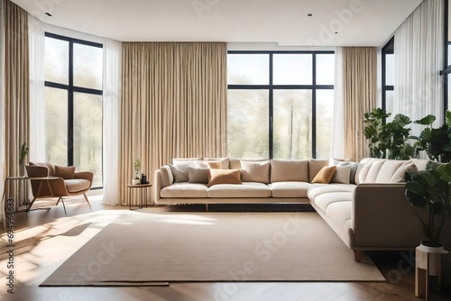 A minimalist haven with a beige sofa, minimal decor, and large windows that allow natural light to flood the space.  © Johnny Sins