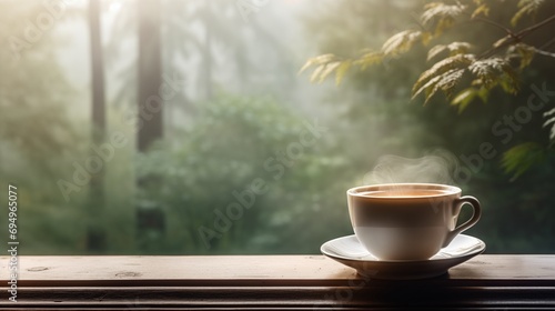 cup of coffee by the window on misty forest view 