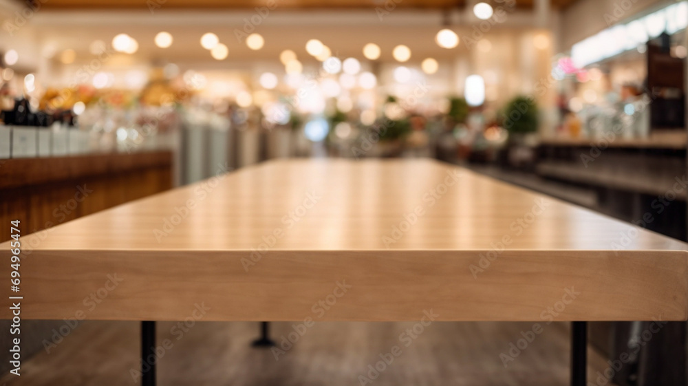 empty wooden table and blurred background of cafe or bar in shopping mall, used for display or montage your products. High quality photo, space for text
