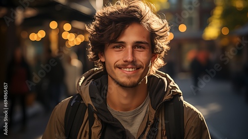 A young smiling man on a city street