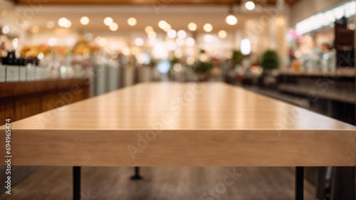 empty wooden table and blurred background of cafe or bar in shopping mall, used for display or montage your products. High quality photo, space for text
