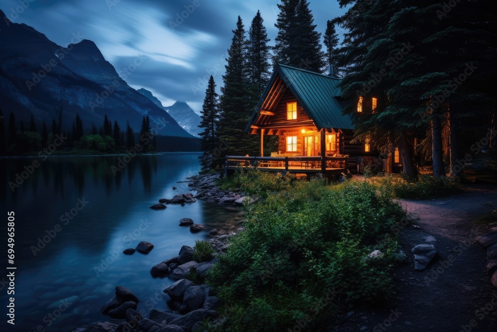 Cozy cabin house with light during blue hour near lake with summer landscape.