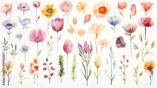Watercolor set of flowers on white background
