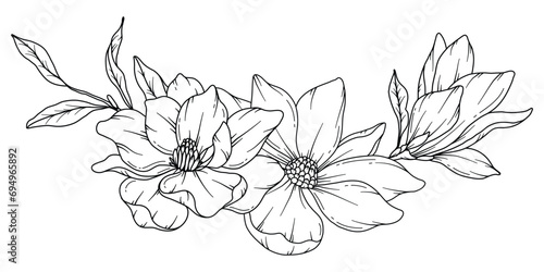 Magnolia Line Drawing. Black and white Floral Bouquets. Flower Coloring Page. Floral Line Art. Fine Line Magnolia  illustration. Hand Drawn flowers. Botanical Coloring. Wedding invitation flowers