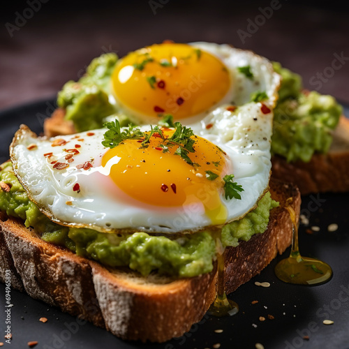Toast with guacamole and fried egg, photo for the restaurant menu, macro photo created with Generative Ai