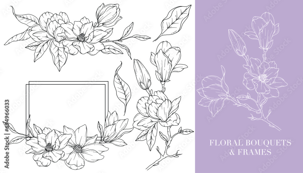 Fototapeta premium Magnolia Line Drawing. Floral Frames and Bouquets. Floral Line Art. Fine Line Magnolia Frames Hand Drawn Illustration. Hand Drawn Outline Magnolias. Botanical Coloring Page. Magnolia Isolated