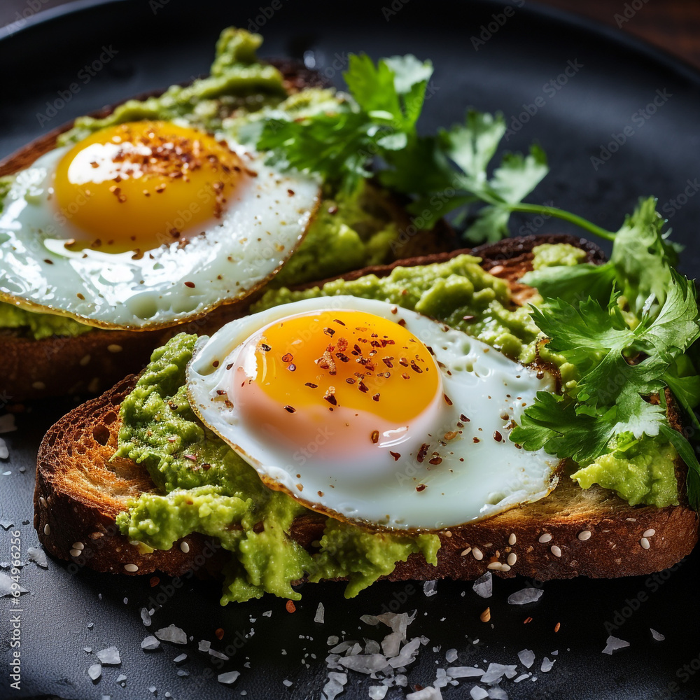Toast with guacamole and fried egg, photo for the restaurant menu, macro photo created with Generative Ai Toast with guacamole and fried egg, photo for the restaurant menu, macro photo created with Generative Ai