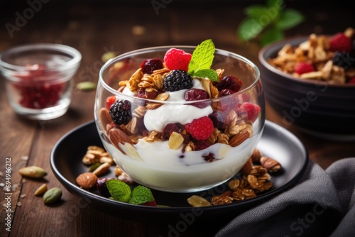 Granola with yogurt and nuts photo