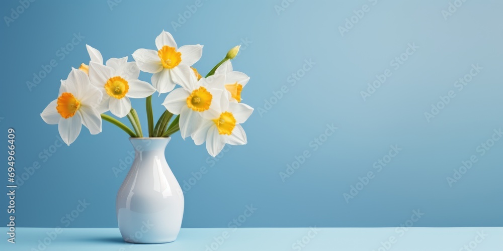 Vase with daffodil flowers on a blue background Vase with daffodil flowers on a blue background