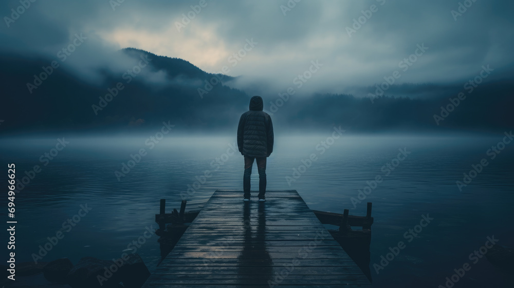 Solitary person on a Misty moody Dock - obrazy, fototapety, plakaty 