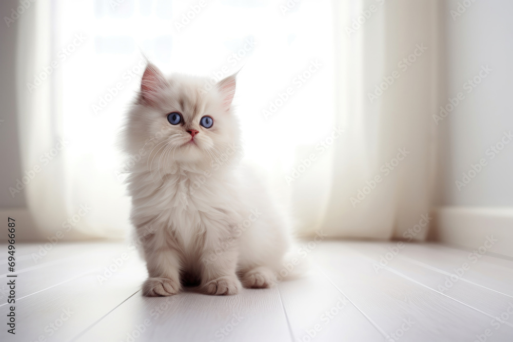 A white fluffy Persian cat kitten is sitting on the floor