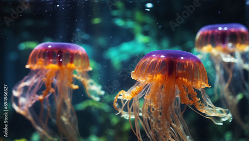 Glowing jellyfish swim in the big aquarium. Medusa neon jellyfish fantasy concept. © Sergie