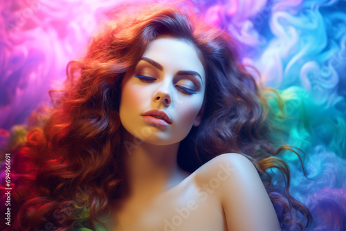 Ritratto di donna rilassata in un mare di colori. Aroma e cromo terapia photo