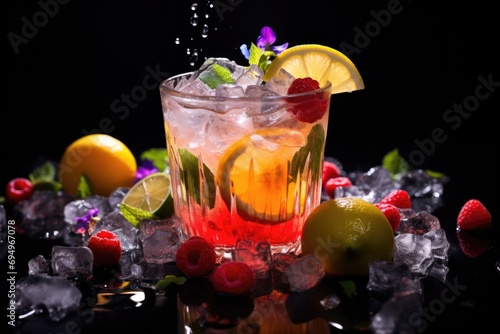 Colorful fruit cocktail with ice  lemon and mint in the bar