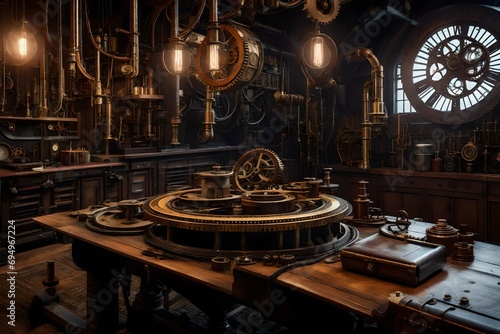 A room designed in the steampunk style, featuring a table adorned with gears, cogs, and vintage industrial elements. 