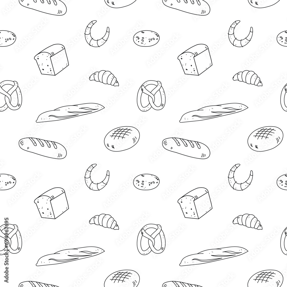Bakery products seamless pattern vector illustration background.Hand drawn ornament with bread, bun, croissant. Food and bake design for poster, label, template, card, backdrop, print, menu, wrapping