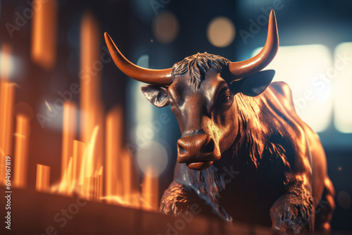 gold bull sculpture on chart background for business concept. Graph Stock Trading, crypto currency
