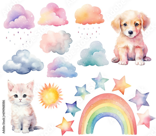 Watercolor puppy, kitty. Set of vector hand drawn nursery elements, clouds rainbow, stars, wall stickers